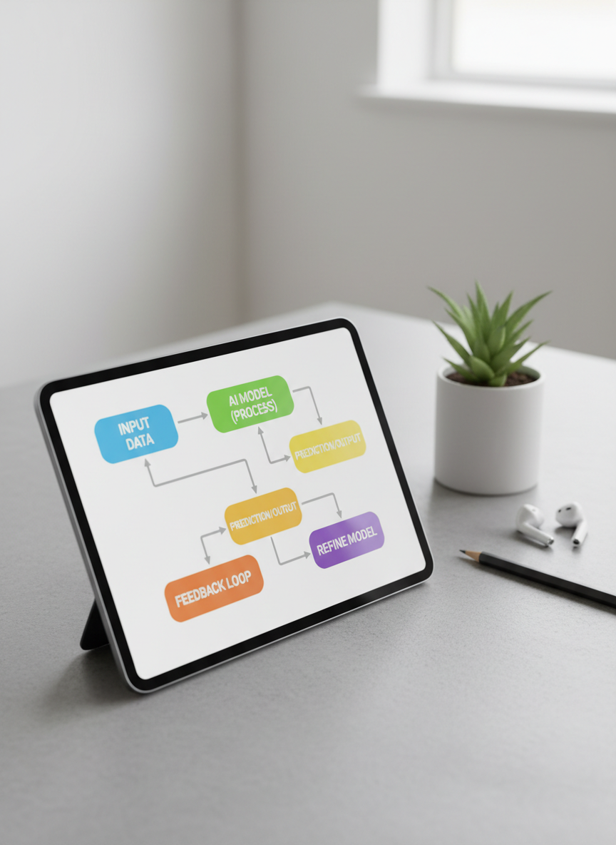A close-up of a slim tablet lying on a light concrete tabletop, its high-resolution screen showing a simple flowchart that explains an AI workflow in colorful, easy-to-read blocks. Beside it, a smooth graphite pencil, a small plant in a matte white pot, and a pair of wireless earbuds add subtle detail. The setting is a minimalist studio environment with soft, diffused overhead lighting that creates gentle, realistic shadows without harsh contrast. Photographic realism, captured from a slightly elevated angle using the rule of thirds, with the tablet in sharp focus and the plant softly blurred. The mood is calm, professional, and educational, emphasizing that AI concepts can be simple and understandable.