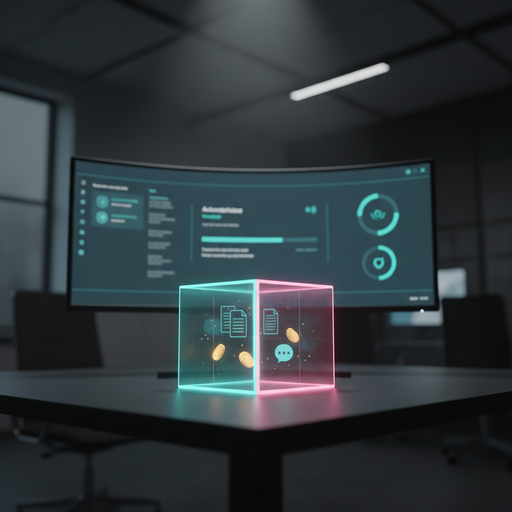 A futuristic yet friendly AI assistant represented as a glowing, abstract cube of translucent glass sitting on a matte black desk, its edges lit with soft cyan and magenta light, and faint icons of documents, coins, and chat bubbles subtly floating within. Behind it, a large curved monitor shows a blurred, simplified dashboard of tasks being automated. The environment is a modern workspace with dim ambient lighting and a gentle spotlight highlighting the cube, creating realistic reflections on the desk’s surface. Photographic realism with a slightly cinematic feel, captured from a low, three-quarter angle to give the AI object presence and importance. The mood is confident, innovative, and accessible, reinforcing the idea of powerful yet easy-to-use AI tools.