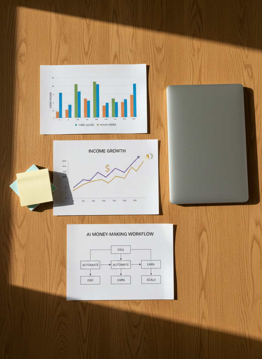 A clean desktop featuring three overlapping sheets of glossy paper laid out on a warm wooden table, each page showing a different AI-generated chart: a colorful bar graph for time saved, a line graph for income growth, and a simple workflow diagram. A slim silver laptop is closed nearby, and a small stack of sticky notes in soft pastel tones adds casual color. Natural afternoon light from the left side casts soft, realistic shadows and delicate highlights on the glossy paper, enhancing legibility without glare. Photographic realism, shot from directly above in a flat lay composition with sharp focus throughout. The mood is organized, optimistic, and data-driven, ideal for illustrating AI money-making workflows explained in plain English.